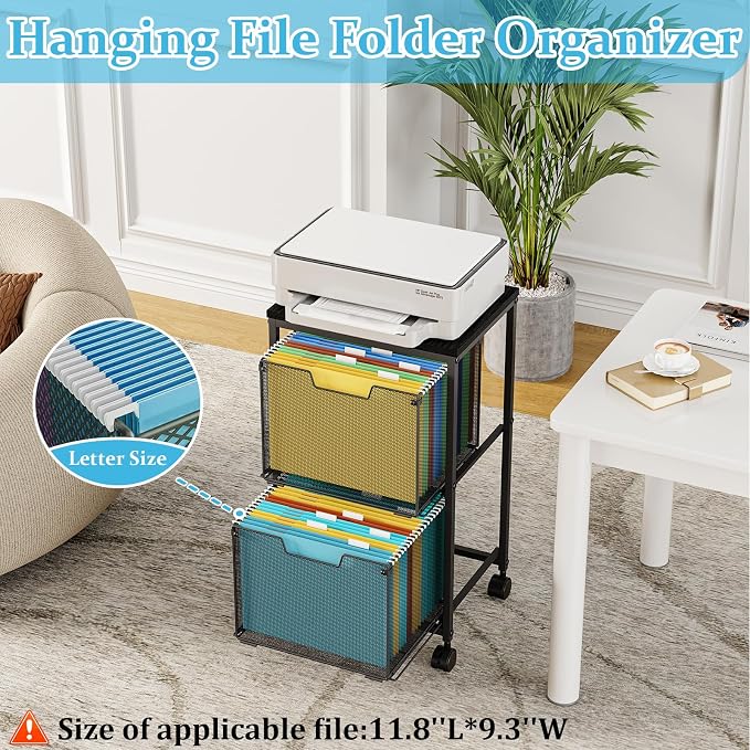 Sbanmao Rolling File Cart with 2 Storage Drawers, Mobile File Cabinet with Wheels, Hanging File Folder Organizer, Under Desk Storage, Printer Stand Utility Cart Filing Cabinet for Home Office,Black