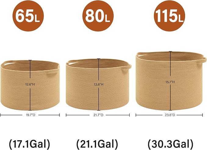 Foldable Laundry Hamper Basket with Collapsible Handle Cotton Rope Soft Woven Fabric Storage Organizer Clothes Toys Nursery Bedroom Dorm Space Saving Bin (Camel, 115L(23.6"D x 15.7"H))