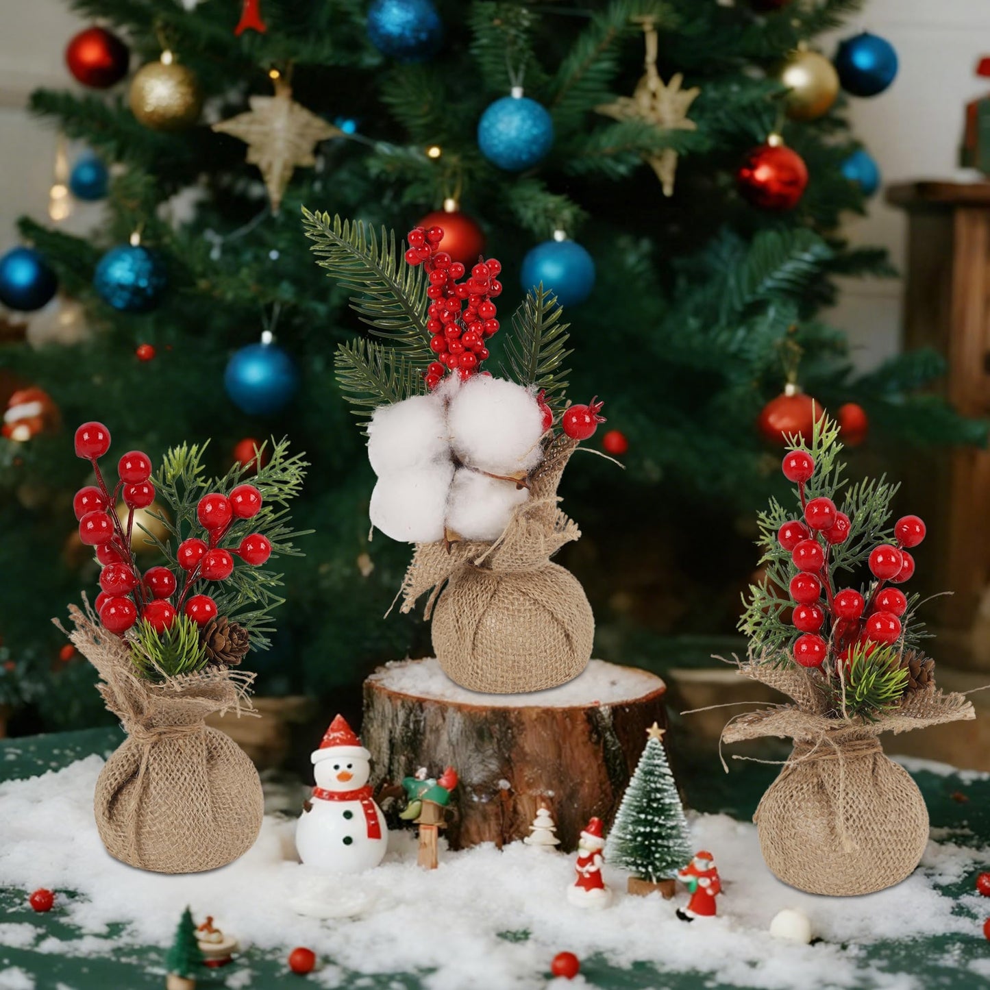 winemana 6 Pcs Mini Christmas Tree Table Decorations, 8" Small Artificial Trees with Red Berries Pine Cone Greenery Tabletop Centerpiece for Home Office Room Holiday Decorations