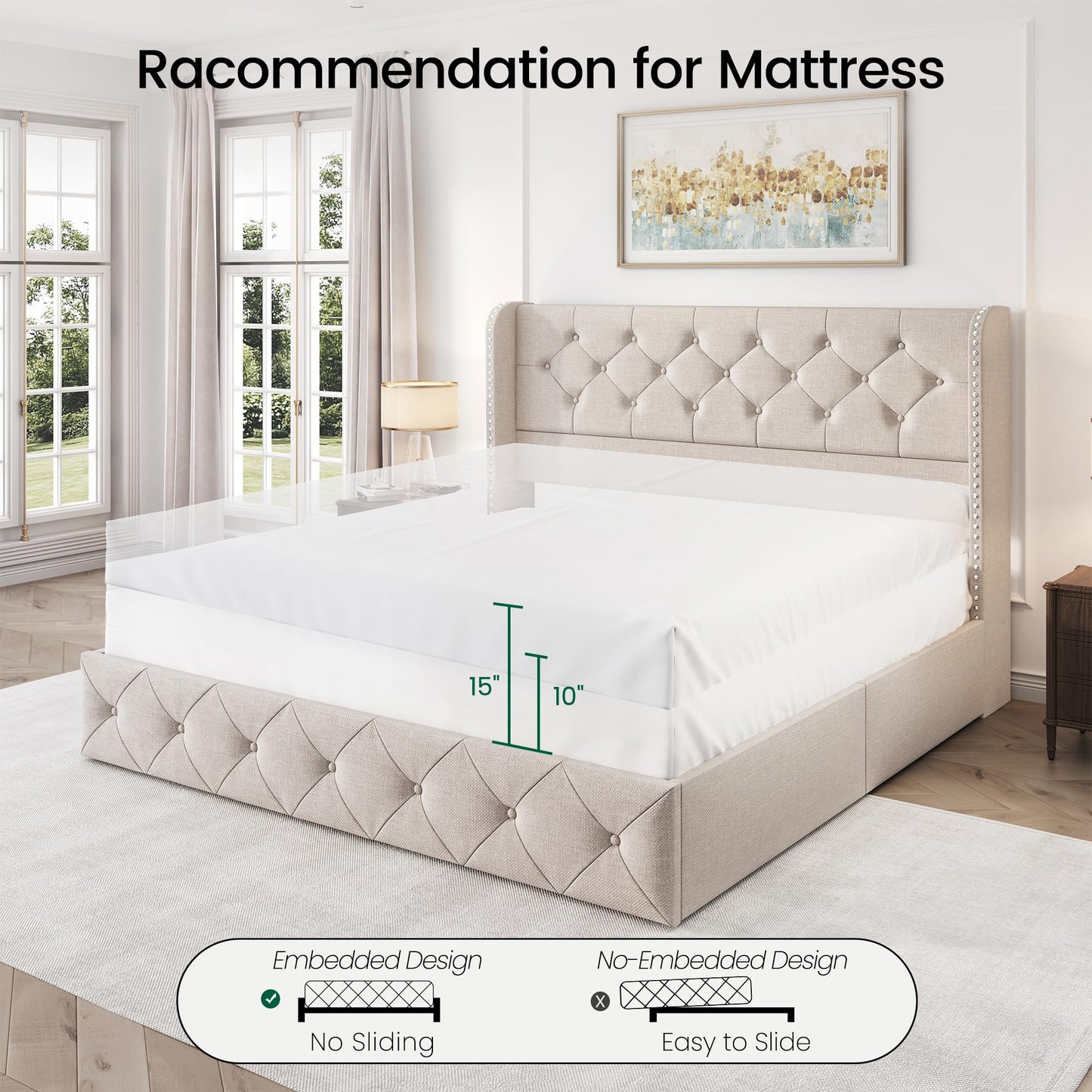 LARMACE Queen Size Bed Frame with 4 Storage Drawers and 47.2" Tall Tufted Headboard Linen Upholstered Platform Bed Frame Wingback Beds with Wooden Slats Support, Easy Assembly, Beige