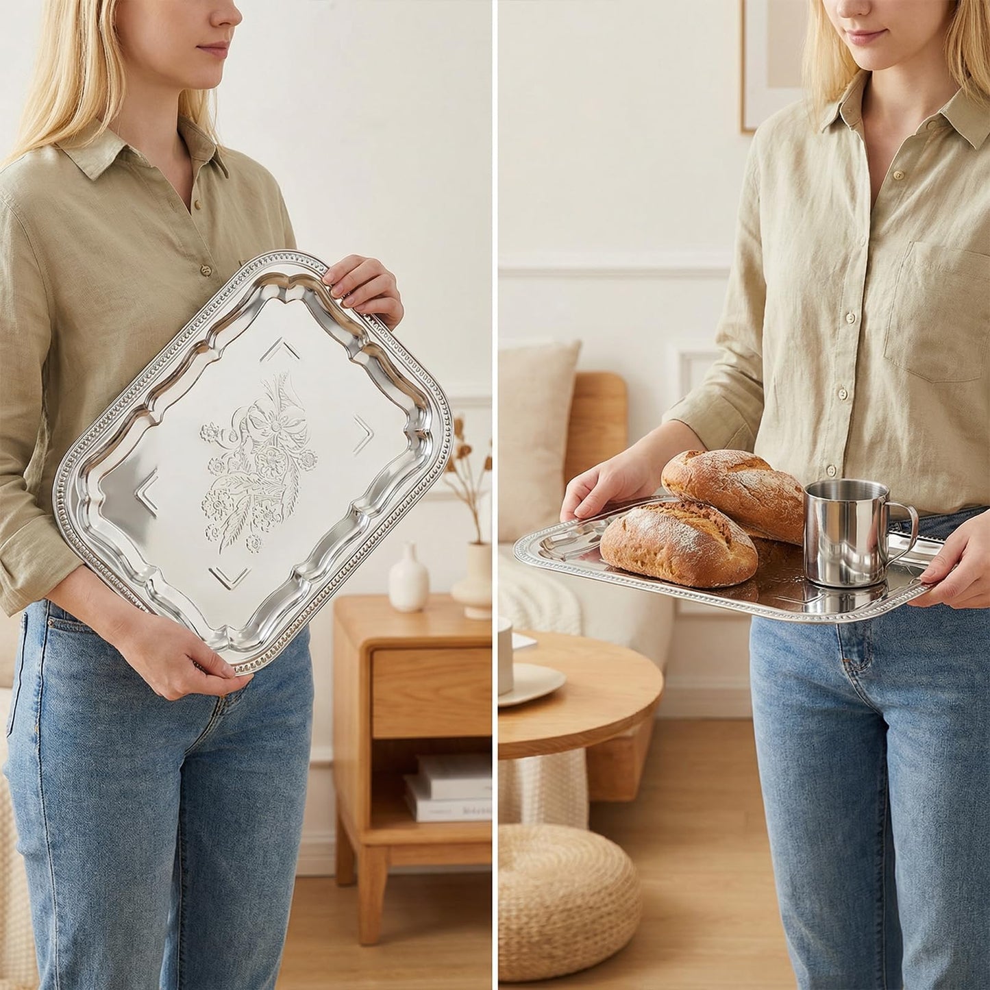 4 Pcs Large Silver Serving Trays, 15.7" x 11.8" Stainless Steel Rectangle Serving Tray, Decorative Silver Plates, Floral Engraved Tray, Metal Sizzler Plates for Coffee Table, Bar, Party, Club, Home