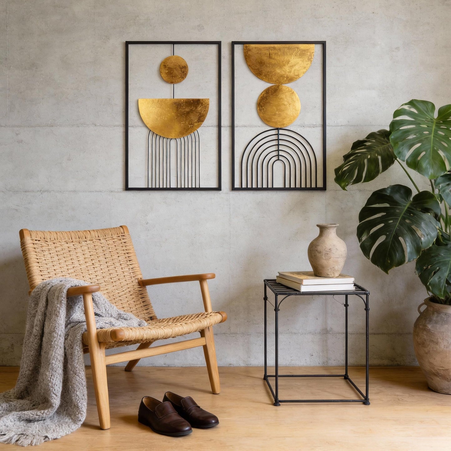Abstract Geometric Wall Decor Set, Gold and Black Metal Wall Art with Circular and Linear Designs, 2 Piece Framed Modern Wall Sculpture