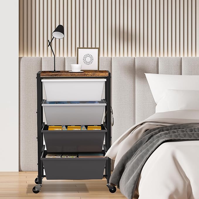 Rolling Cart with Drawers, Rolling Storage Cart with Large Plastic Drawers & Wooden Tabletop, Utility Cart with Pegboards & Basket, Storage Drawers Cart for Living Room, Classroom, Bedroom, Office