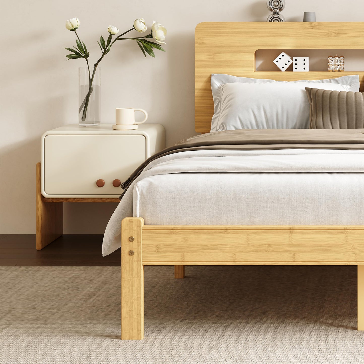 COMASACH Bamboo Wood King Size Bed Frame with Storage Headboard, 14 Inch High Solid King Platform Bed Frame, Metal Slats Support, Heavy Duty, No Box Spring Needed