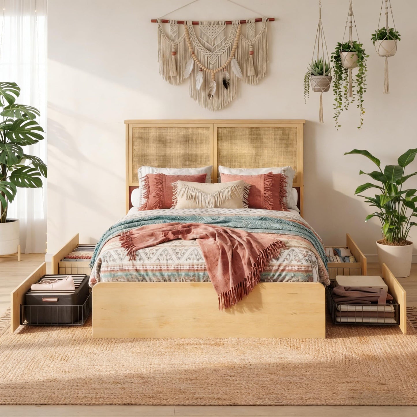 IDEALHOUSE Rattan Full Bed Frame with 4 Storage Drawer, LED Lights & Natural Rattan Headboard, Wood Full Size Bed Frame with Sturdy Wood Foundation, No Box Spring Needed, Natural