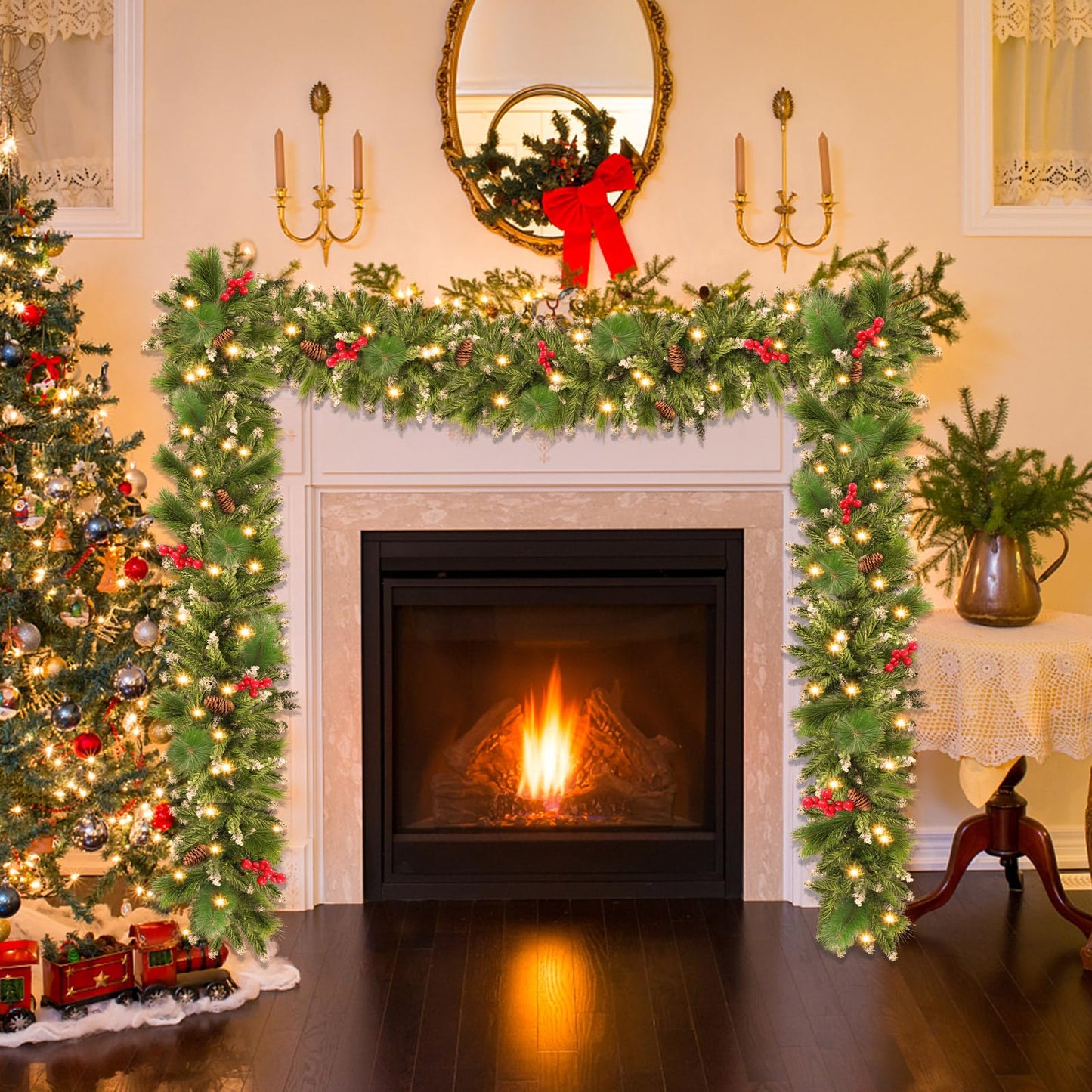 Christmas Garland with Lights, 50 LEDs 9FT Prelit Garland Battery Operated Outdoor Indoor Christmas Decorations Lighted Garland for Stairs Railing Fireplace Mantle Front Door Home Holiday Decor