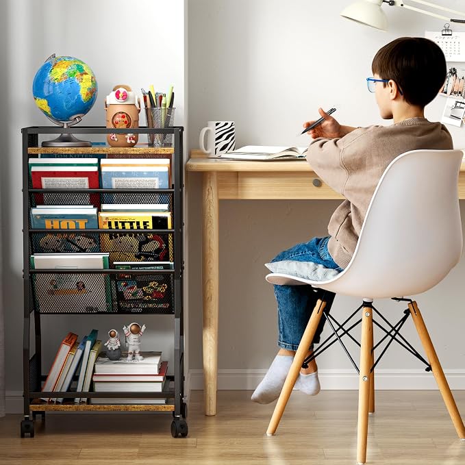 DAOUTIME 8 Tier Rolling Book Cart with Wheels, Mobile Book Storage Cart with 2 Sides Access Bookcase for Narrow Space, Rolling File Organizers and Storage for Home Office Living Room Classroom School