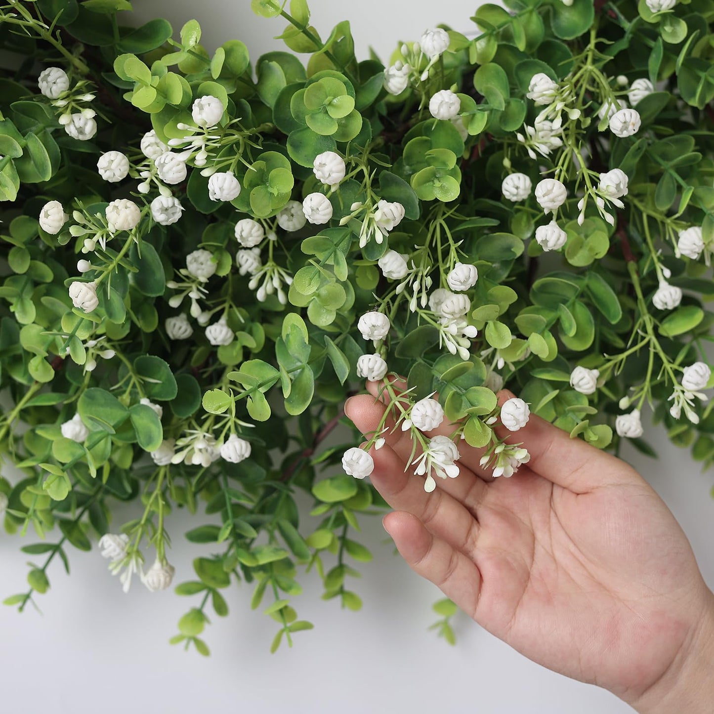 26" Artificial Eucalyptus Wreath with Baby's Breath for Front Door - Faux Eucalyptus Leaves, Fake Spring/Summer Greenery Flowers Wreath for Porch, Farmhouse, Wall, Window Outdoor Decor(White-Green)