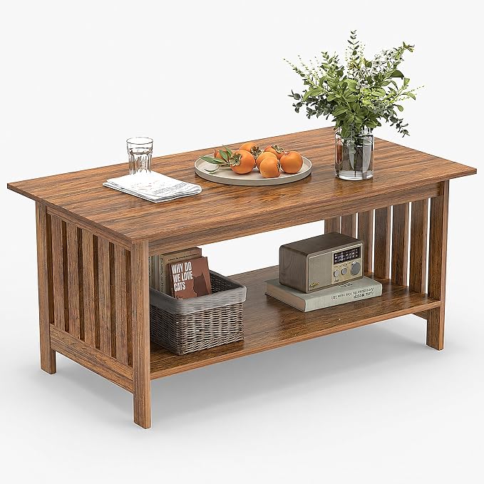 YOSHOOT 39.4" Farmhouse Coffee Table, Small Coffee Tables for Living Room | Rerto Wood, 2 Tier Coffee Table with Storage, Tea Table for Living Room Bedroom Small Space