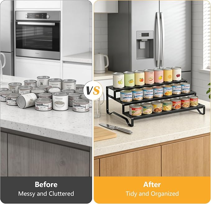 Attelite 3 Tier Expandable Can Rack Organizer for Pantry, Adjustable 13"-21" Metal Soda Can Organizer, Pantry Organization Canned Food Storage Holder for Kitchen Cabinet Countertop, Black 2Pack