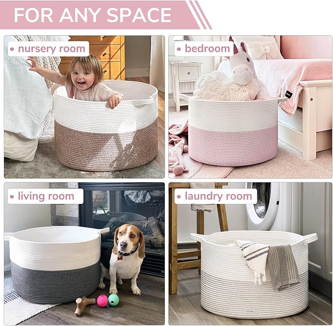 INDRESSME XXXLarge Storage Basket with Handle, Pink Laundry Basket for Nursery Stuffed Animal Storage, Baby Baskets Kids Toy Organizer, 21.7" x 21.7" x 13.8", Pink