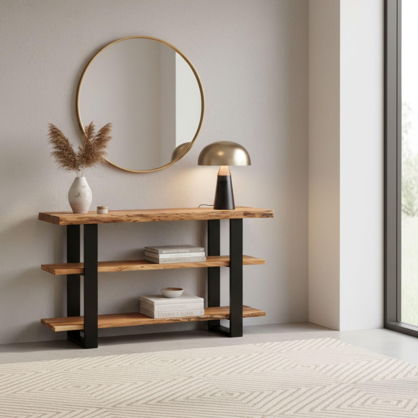 Alpine 3-Tier Live Edge Console Table with Metal Frame – 48-Inch Solid Acacia Wood Entryway Table – Rustic Modern Industrial Sofa Table or Media Console by Alaterre Furniture (Natural Finish)
