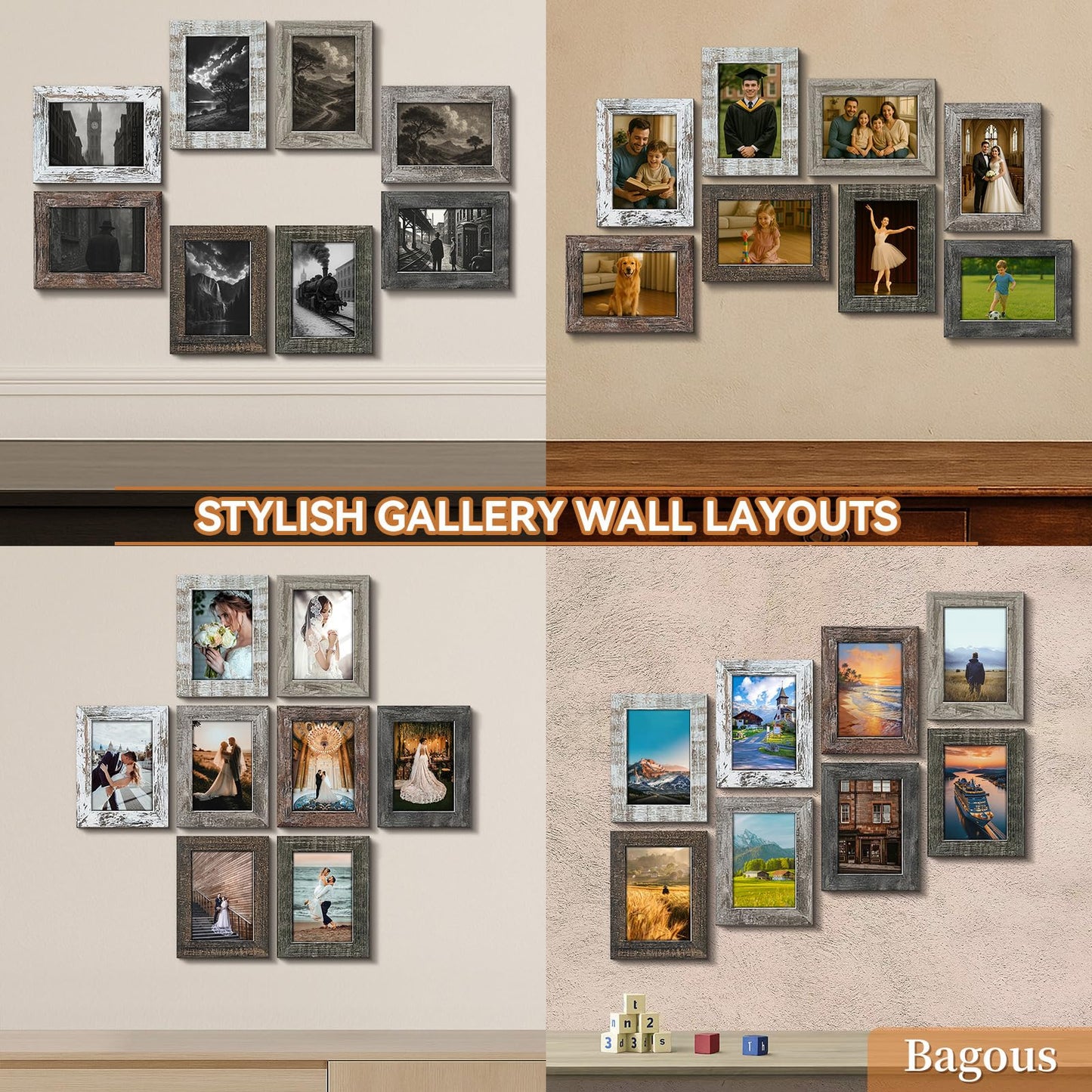 Bagous 5x7 Picture Frames Set of 8, Vintage Rustic Farmhouse Industrial Style Photo Frames, High Definition Real Glass, for Tabletop or Wall Hanging