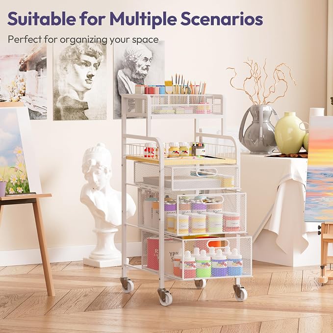SWTYMIKI Rolling Cart with Drawers - Metal Craft Cart with Wheels, DIY Divider and Wood Shelf, Art Supply Organizer Craft Organizer and Storage, Utility Storage Cart for Home Office Studio, White