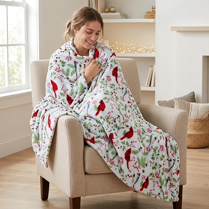 Elegant Comfort Luxury Velvet Super Soft Christmas Prints Fleece Blanket-Holiday Theme Home Décor Fuzzy Warm and Cozy Throws for Winter Bedding, Couch and Gift, 50 x 60 inch, Cardinal