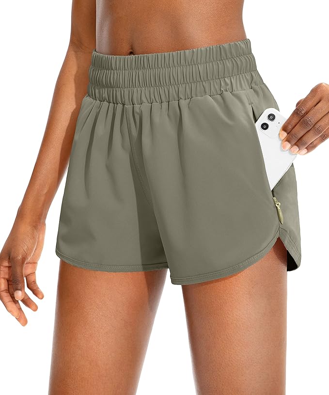 SANTINY Women's Running Shorts with Zip Pockets High Waisted Athletic Workout Gym Shorts for Women with Liner