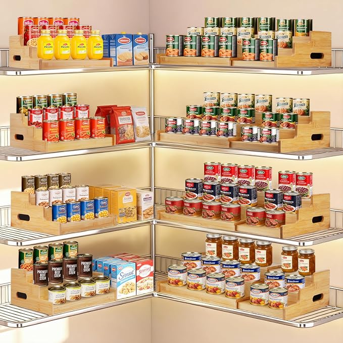 Bamboo Expandable Can Rack Organizer for Pantry, Stackable 3 Tier Canned Food Organizers and Storage, Kitchen Cabinet, Can Holders Dispensers for Pantry Up To 24 Cans