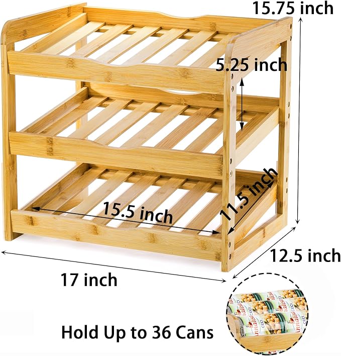 TOPZEA Soda Can Rack Organizer for Pantry, 3 Tier Bamboo Stackable Can Goods Storage Dispenser Shelf Canned Food Holder Stand for Kitchen Coutertop, Cabinet, Hold up to 36 Cans