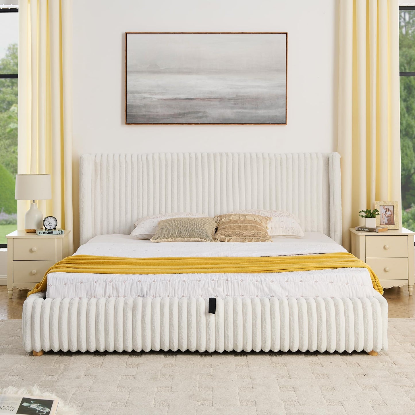 Tabaray King Bed Frame with Storage, Upholstered Platform Bed Frame with Plush Rabbit Fur Headboard, Adult Floor Bedframe with Wooden Slats Support, No Box Spring Needed for Bedroom, Apartment, Beige
