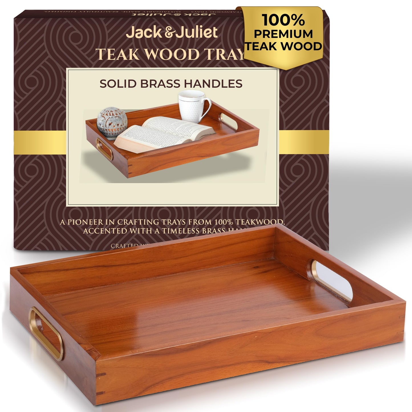 Jack & Juliet Teak Wood Ottoman Tray – Large Wooden Multifunctional Tray with Real Brass Handles - Non Slip Base in Food-Safe Finish - Gift-Ready Packaging for Coffee Table and Home Decor (Cherry)