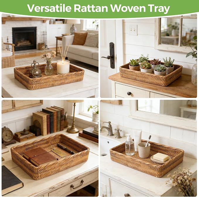 Wicker Storage Tray, Rattan Basket Rectangular for Bathroom Living Room, Decorative Serving Woven Trays Wicker Baskets for Organizing Home Decor L(15.7" × 11")