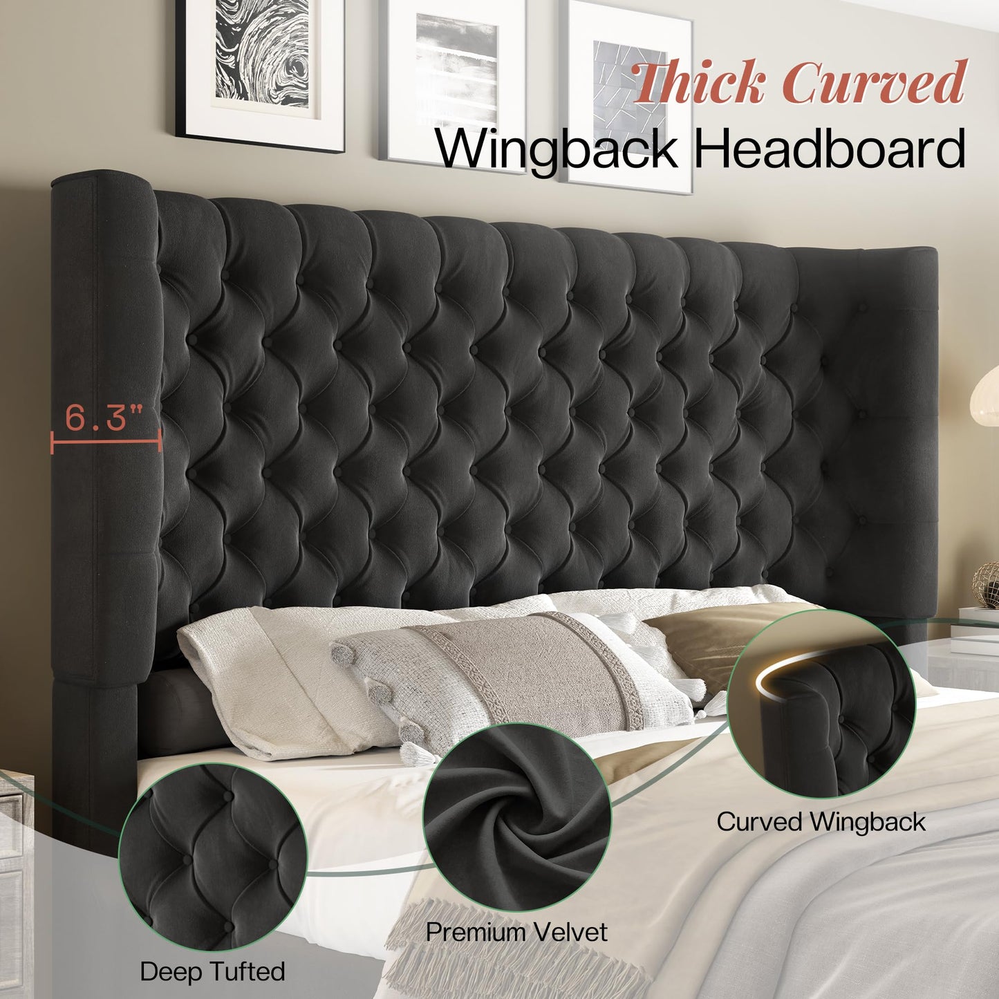 Jocisland King Size Platform Bed Frame, 6.3" Thick Upholstered Curved Wingback Headboard and Footboard with Deep Button Tufted, Easy Assembly, No Box Spring Needed, Black Velvet