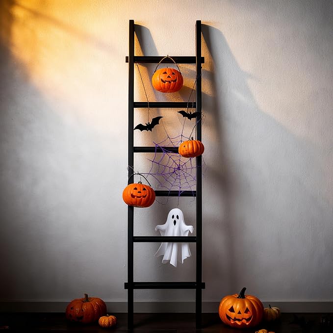 Wooden Blanket Ladder - Natural & Motley Wood - Leaning Wall Decor for Bedroom, Bathroom, Living Room - Rustic Quilt Holder & Towel Rack (Black Wood Color, 76in（6-Tier）)