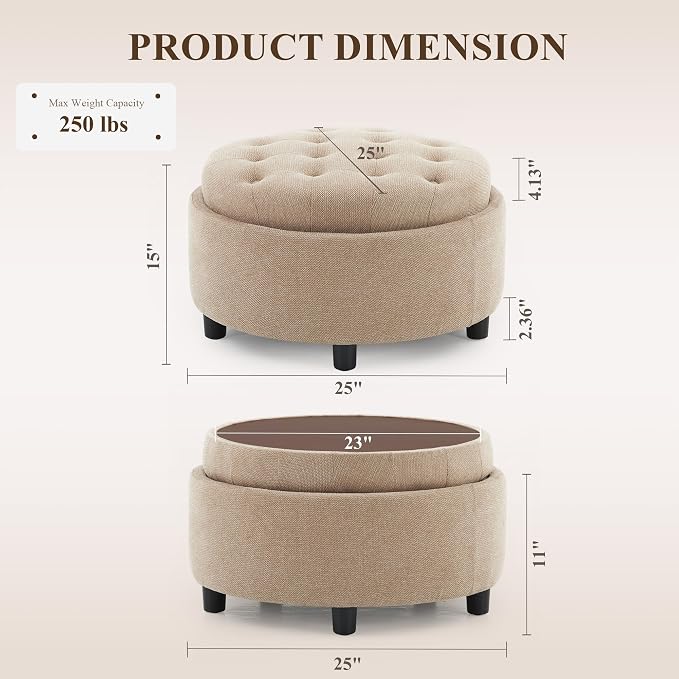 COLAMY Fabric Round Storage Ottoman with Reversible Tray Lid – Multi-Functional Footrest, Hidden Storage, Sturdy & Stylish Small Coffee Table for Living Room, Bedroom, or Entryway(Camel)