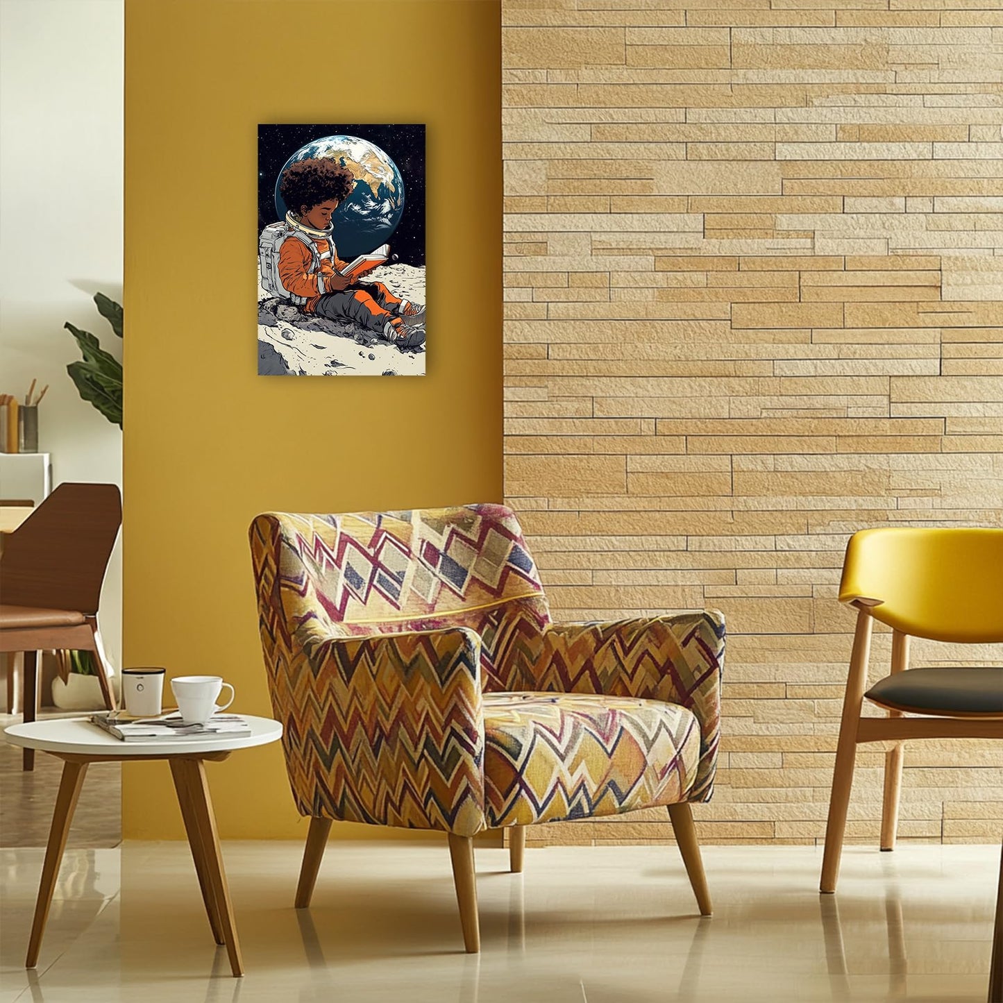 CHAOSETKEN African American Wall Art Astronaut Painting Black Boy Reading on the Moon Canvas Prints Space Themed Pictures for Office Decor Framed (12.00" x 18.00")