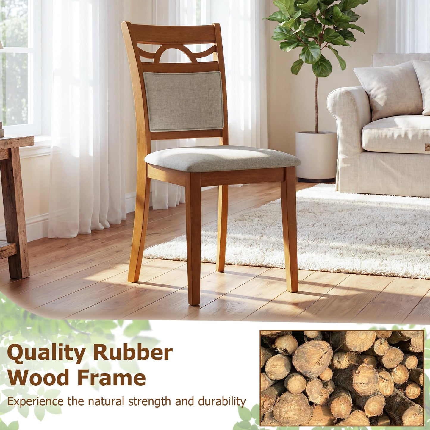Giantex Wooden Dining Chairs Set of 4, Farmhouse Side Chairs w/Solid Rubber Wood Frames, Comfortable Backrests, Upholstered Fabric Kitchen Chairs, Perfect for Dining Room, Restaurant