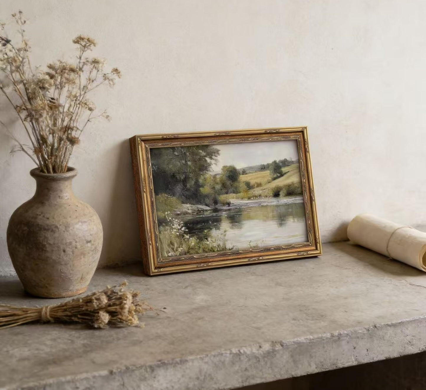Vintage Gold Framed Wall Art Retro Rustic Farmhouse Green Nature Landscape Painting Picture Canvas Fall Forest Antique River Rural Wildflower Lakes Scenery Picture Poster for Living Room Home