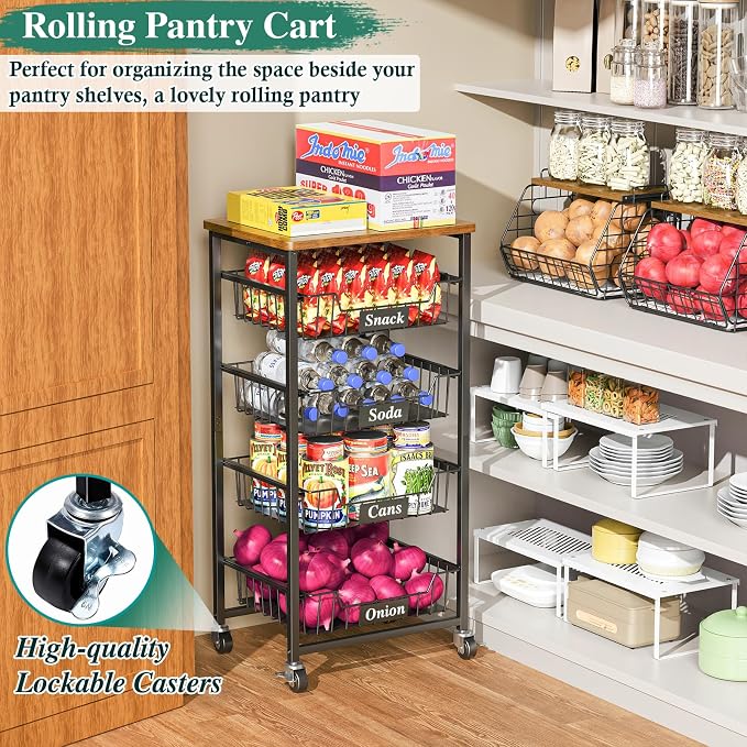 OKZEST Fruit Basket, 5-Tier Utility Kitchen Organizer and Storage Cart with Pull-Out Baskets and Wood Top, Rolling Pantry Kitchen Cart on Wheels for Fruit Potato Onion Vegetable Snack Produce