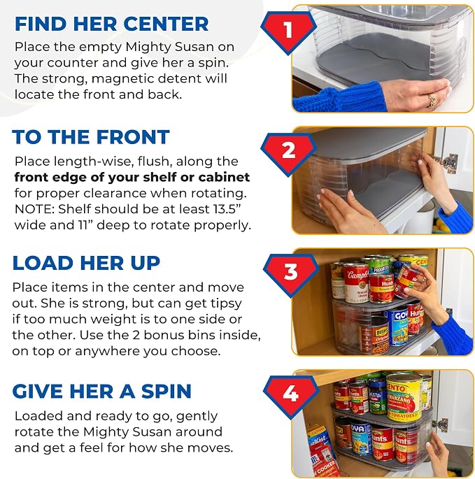 Mighty Susan 2-Tier Lazy Susan Pantry Organizer – Steel Reinforced Turntable for Kitchen Cabinets & Pantry Storage – Heavy-Duty Can Organizer Holds Up to 30 lbs – Rotates 360° – Includes 2 Bonus Bins