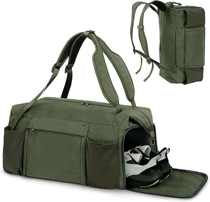 Small Gym Bag for Men with Shoes Compartment and Wet Pocket Convertible Duffle Bag and Gym Backpack Waterproof Sports Bag with 2 Bottle Holders Weekender Overnight Bag - Dark Green