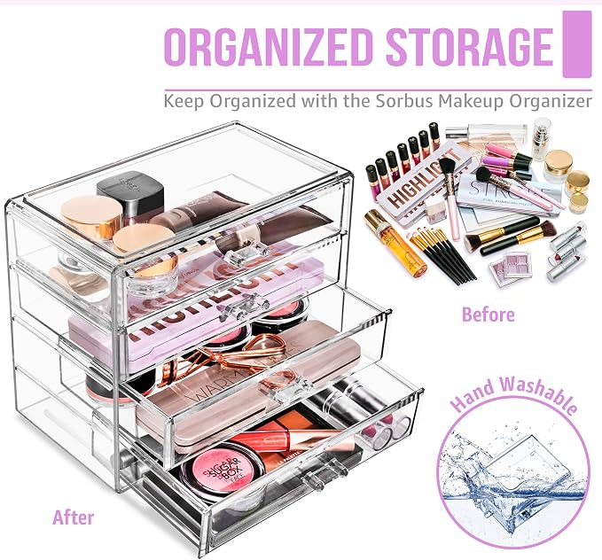 Sorbus Acrylic Makeup Organizer Set, 4-Drawer Vanity & Countertop Cosmetic Storage with Wide Drawers, Clear Makeup Storage for Brushes, Lipsticks, Jewelry – Holiday Gift for Women & Teens