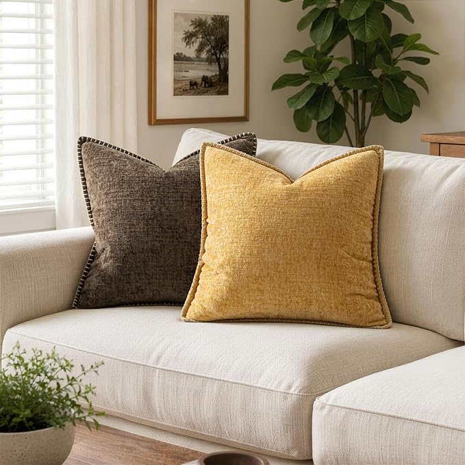 MIULEE Pack of 2 Euro Sham Pillow Covers 24x24 Inch Gold Mustard Yellow Farmhouse Decorative Throw Pillow Covers with Stitched Edge Soft Chenille Solid Pillow Covers for Bed Sofa Couch Living Room