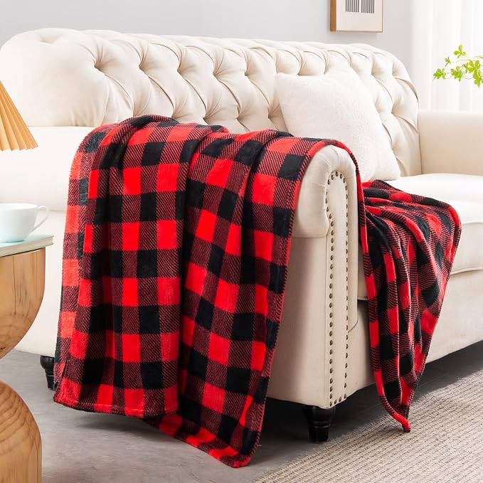 BEDELITE Flannel Blanket for Couch, Red & Black Plaid Fleece Throw Blanket, Soft & Warm Buffalo Plaid Decor Gift Blanket for Women, Men, 50"x60"