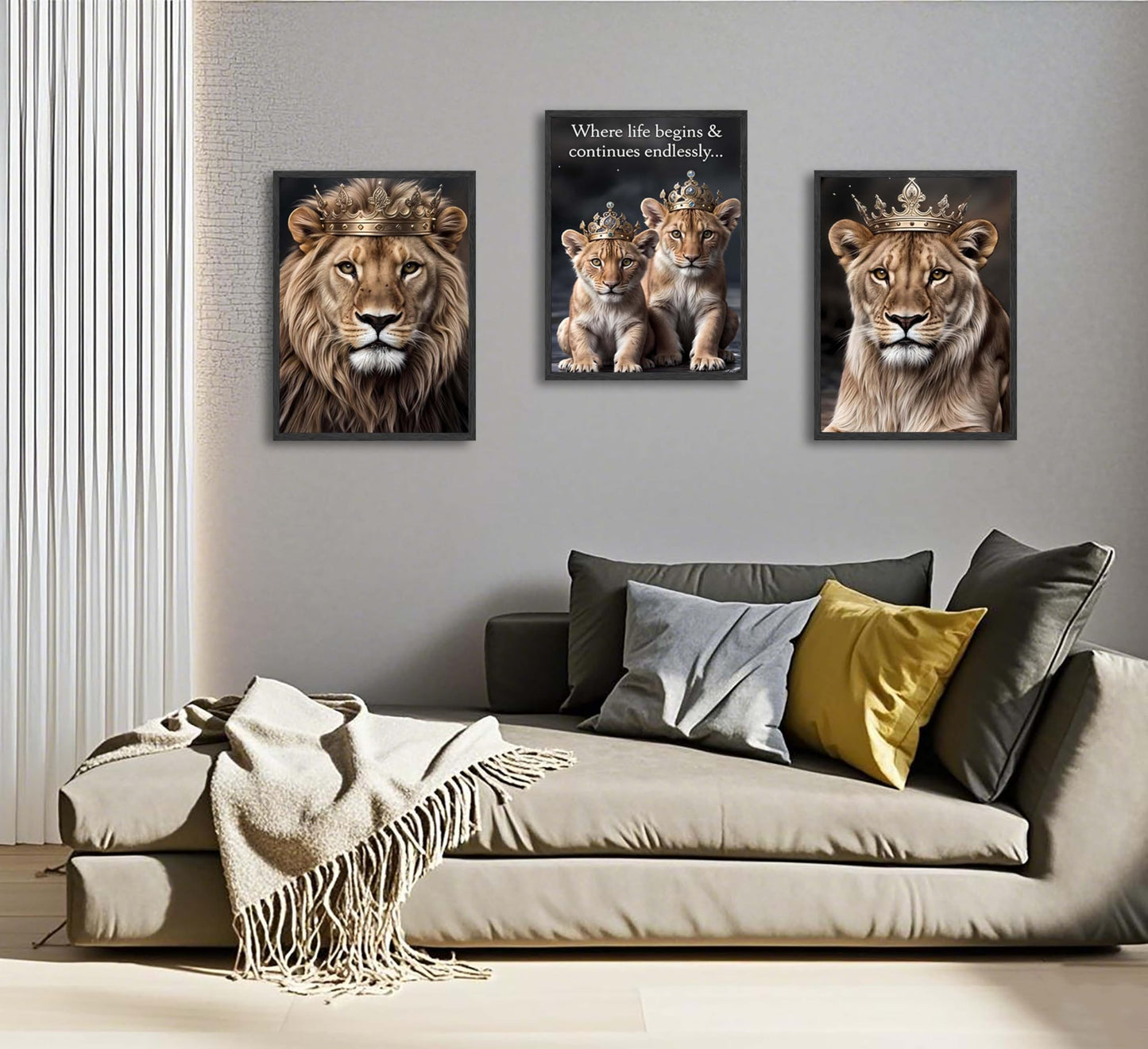 FJKLRP 3pcs Lion Family Canvas Wall Art The Lion King and Queen with Crown Prints Posters Modern Motivational Animal Wall Decor Paintings for Home Bedroom Living Room Office Decoration Unframed