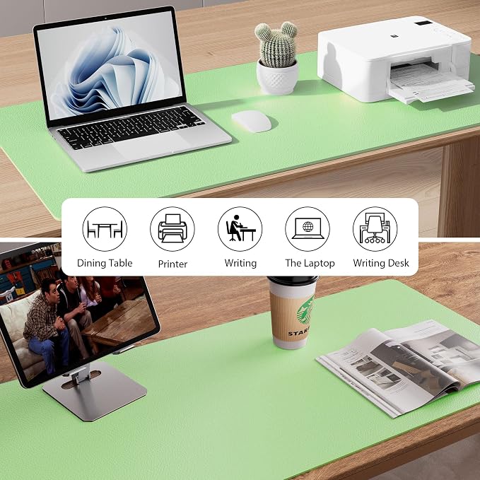 Aothia Faux Leather Desk Mat - Non-Slip PU Leather Desk Blotter, Waterproof Writing Surface, Large Desk Pad for Office & Home (Foam Green, 55" x 17")