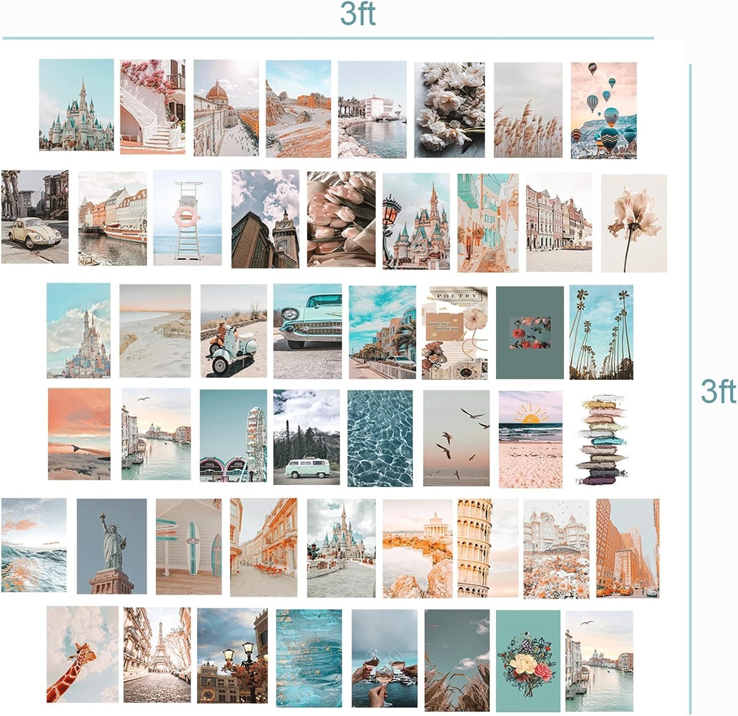 Onivein Peach Teal Wall Collage Kit Aesthetic Pictures, 50Pcs 4 x 6 Inch Blue Aesthetic Picture, Summer Beach Collage Print Kit, Trendy Cute Posters Photo Collage Kit for Dorm Bedroom Decor
