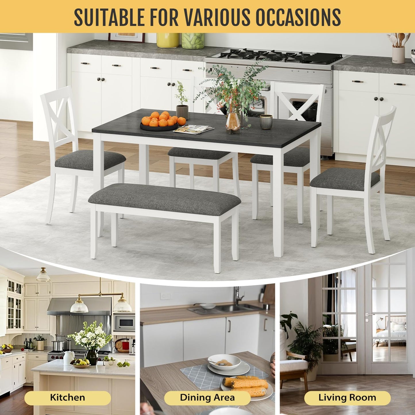 Zevemomo 6-Piece Solid Wood Dining Table Set, Including 1 Dining Table, 4 Upholstered Chairs and 1 Bench, Wooden Legs Dinner Set for Dining Room, Kitchen, Restaurant, White