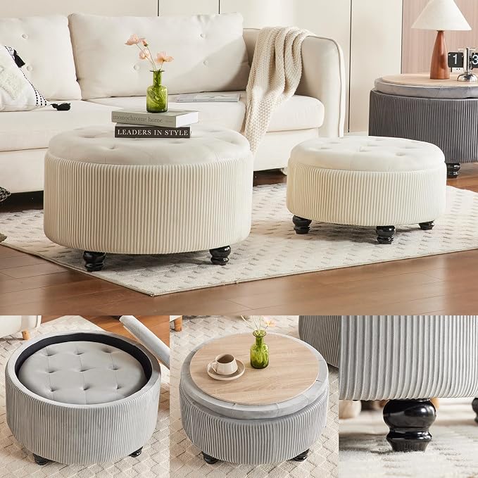 Round Ottoman with Storage Set of 2 Upholstered Velvet Vanity Stool for Living Room Storage Ottomans Multifunctional Foot Rest (Large-Off White)