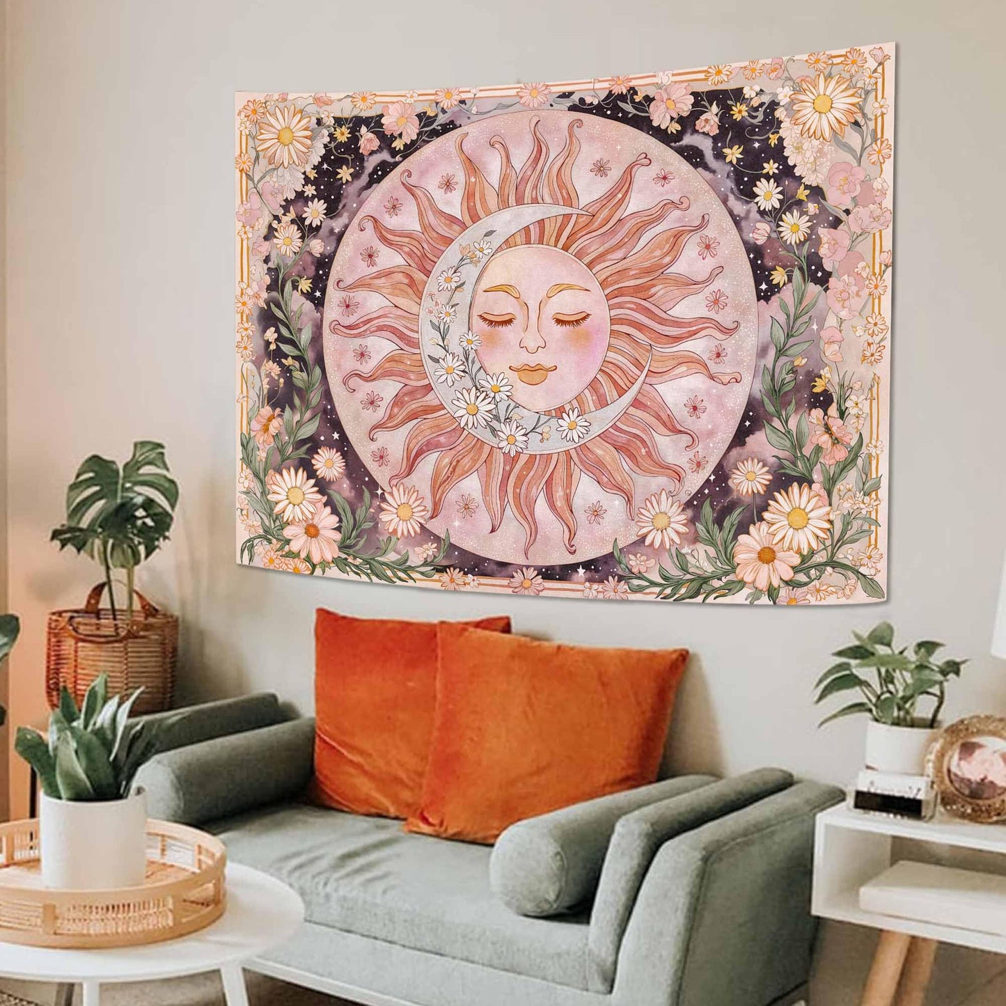 Neasow Sun Moon Daisy Tapestry, Boho Aesthetic Floral Wall Art, Pink Hippie Decor for Living Room Bedroom Home, 36x48 inches