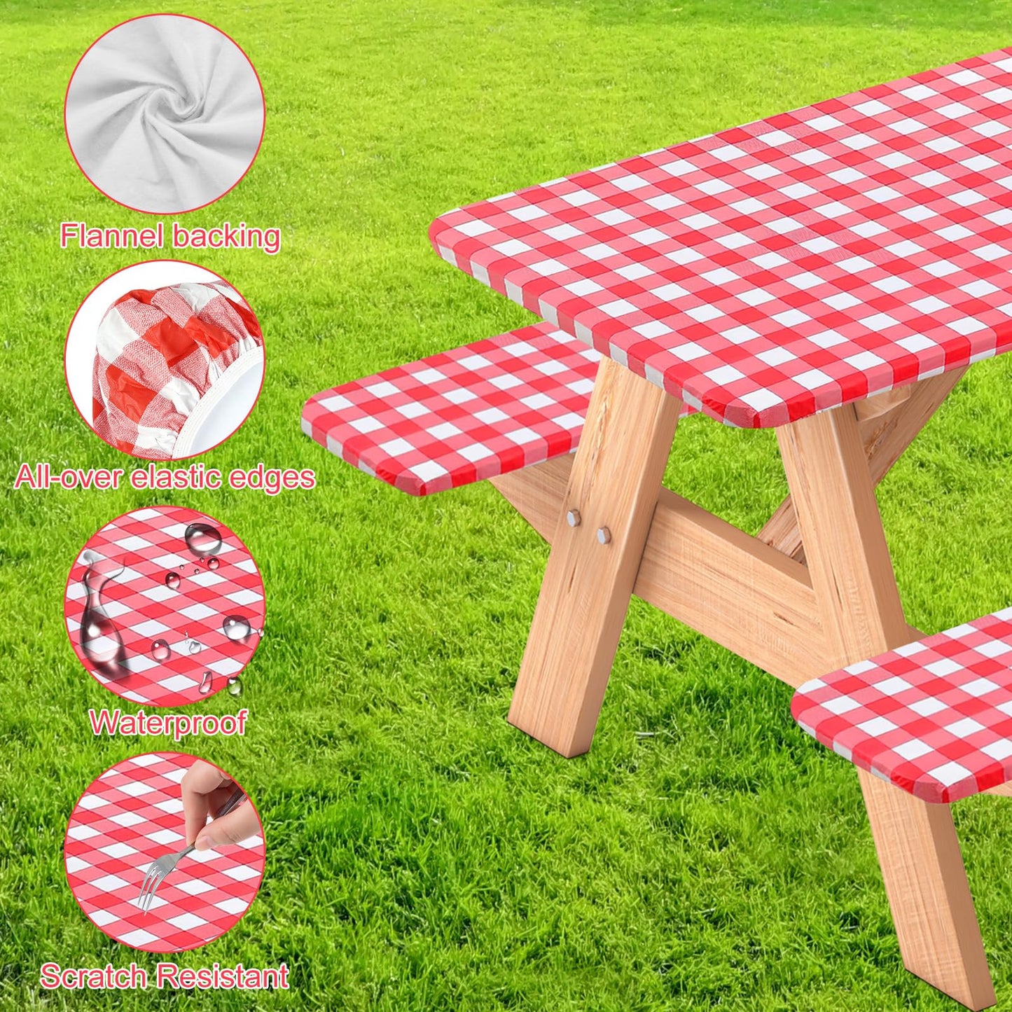 BOUBONI 3 Pcs Set Fitted Picnic Table Cover with Bench Covers Vinyl Camping Table Cloth Flannel Backing for 6ft Tables Camping Outdoor (Red Checked, 30 x 72 Inches)