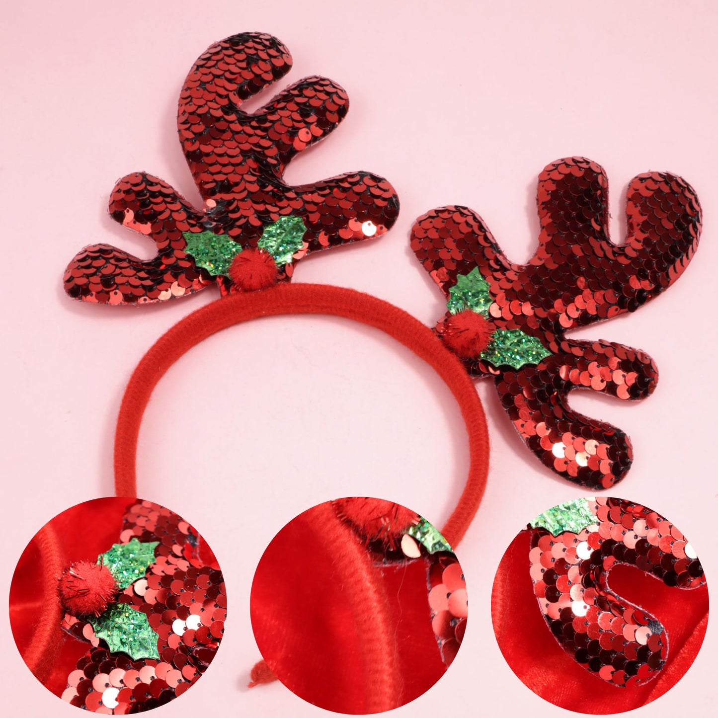 Needzo Color Changing Sequin Christmas Antler Headband, Reversible Red and Silver Sequins with Mistletoe, Festive Holiday Party Accessory, One Size Fits Most
