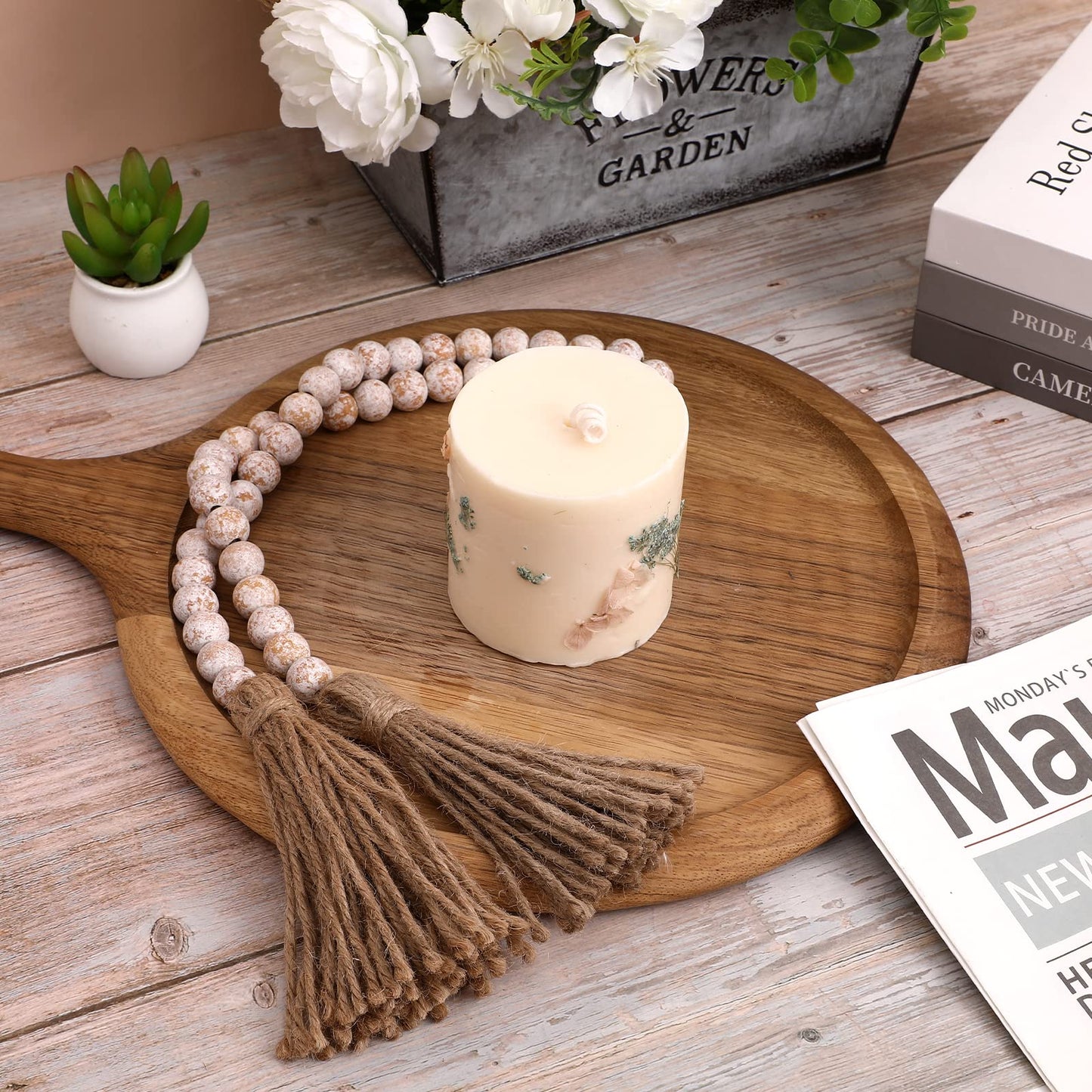 IMIKEYA Wooden Beads Garland: Farmhouse Wood Bead Garland with Tassels Boho Wall Hanging for Home Decor Tiered Tray Rustic Wood Prayer for Coffee Table Decor