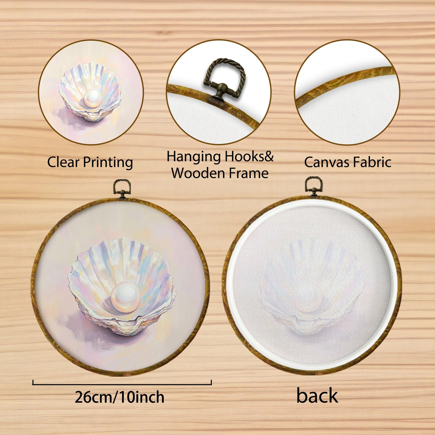 Hiuwevt Pastel Pearl in Shell Round Wall Art Decor, Coastal Beach Seashell Hanging Canvas Prints Artwork Framed, Ocean Beachy Conch Circular Wall Decor for Home Bedroom Living Room, 10x10 Inch