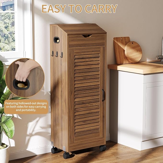 AwayHome 4 Tier Large Potato Storage Bin, Wood Bread Box with Lid and Wheels, Movable Potato and Onion Storage Bin,Decorative Fruit and Vegetable Organization Cabinet for Kitchen,Pantry