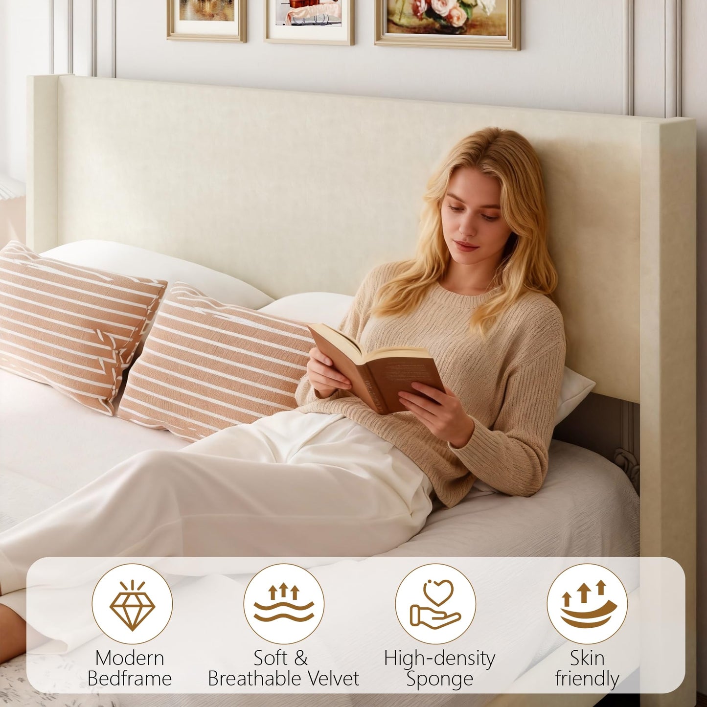 Sismplly Queen Bed Frame with Wingback Headboard, Velvet Upholstered Platform Bed with Wooden Slats, 6.46“ Under Bed Storage, Metal Support, Noise Free, No Box Spring Needed, Beige