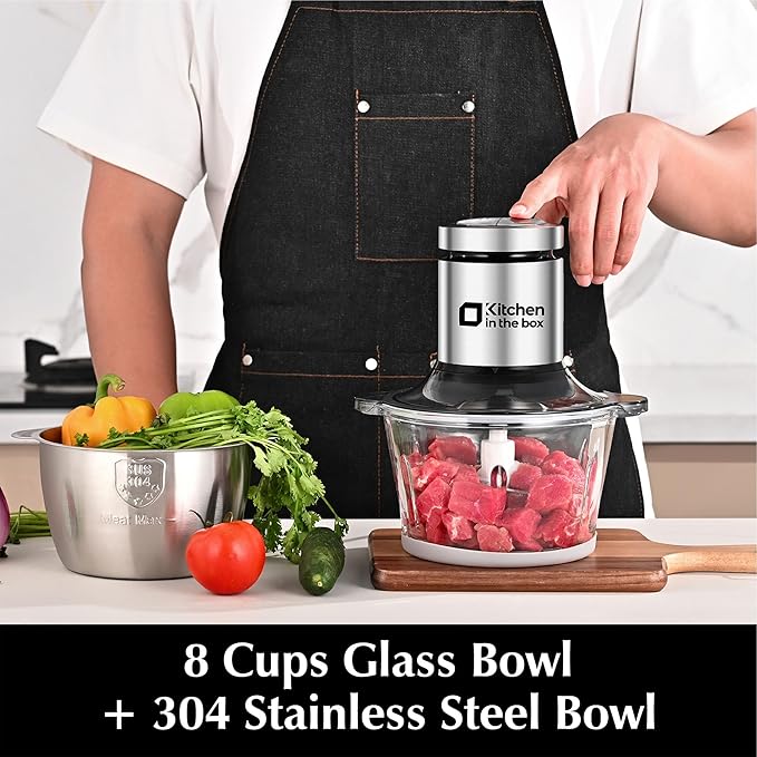 Kitchen in the box Food Processor, Electric Meat Grinder & Food Chopper with 400W Powerful Veggie Chopper-2 Bowls（8 Cup+8 Cup） & 2 Bi-Level Blades for Meat/Fish/Vegetable/Baby Food（Sliver Button）